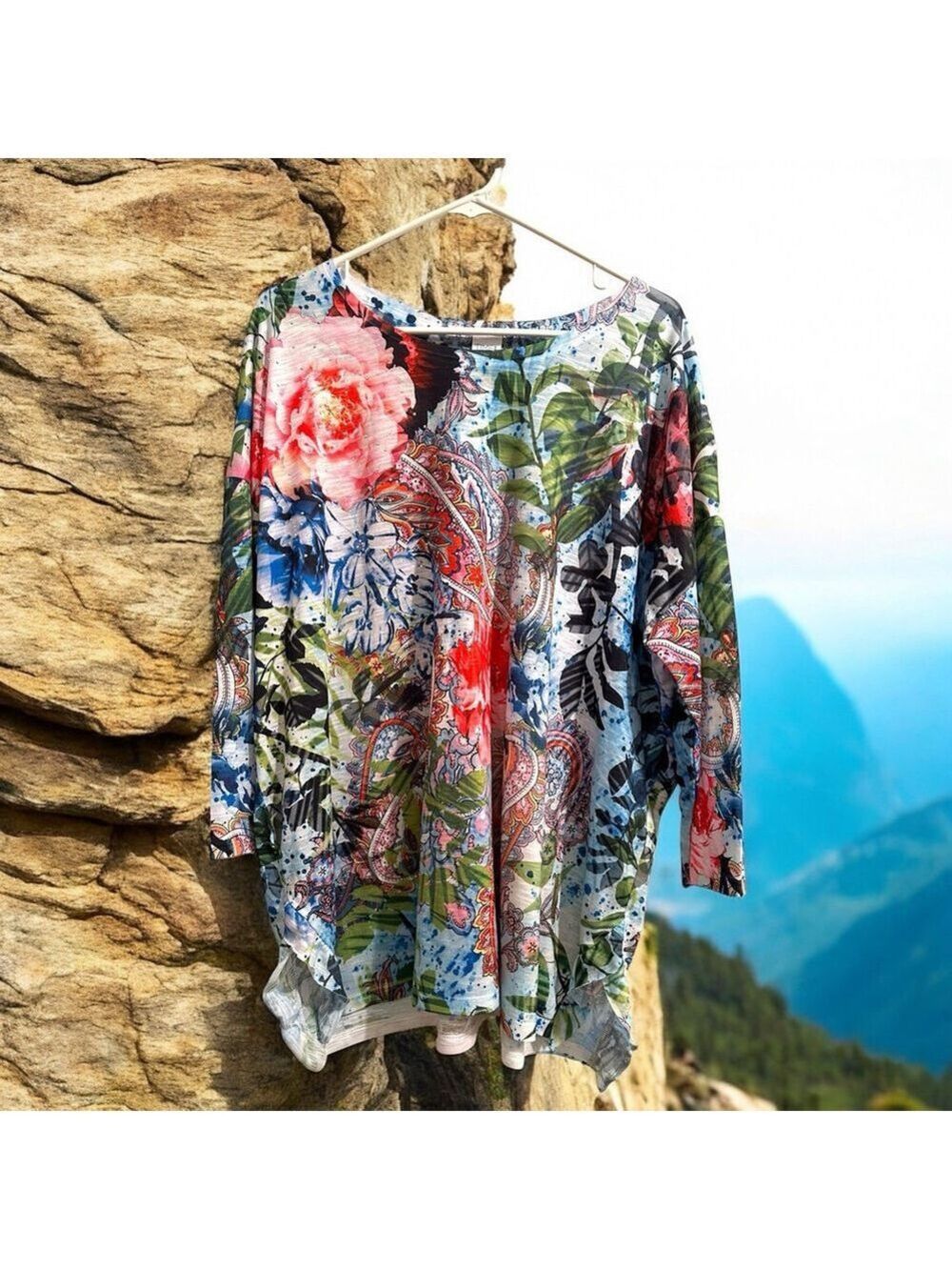 Time & Tru Floral Tee Shirt Tunic Womens XXL 20 Blue Lightweight Sparkling Beach